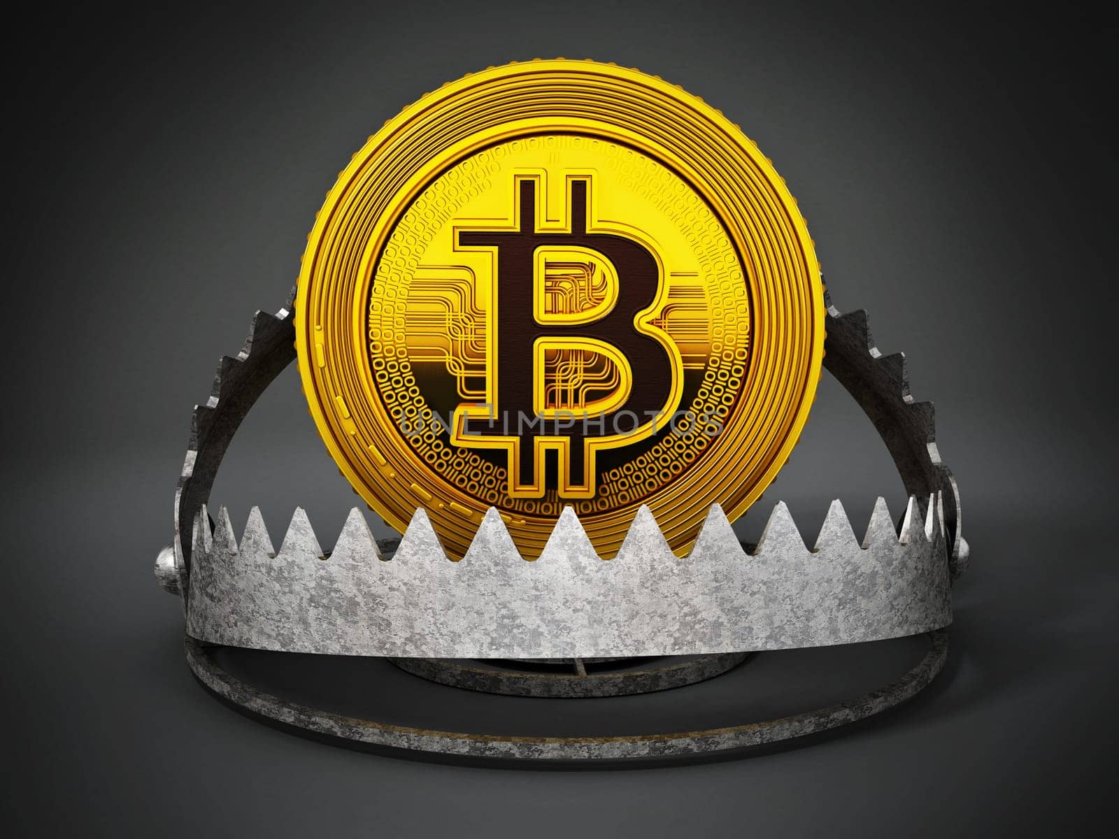 Gold digital coin in ready bear trap. 3D illustration.
