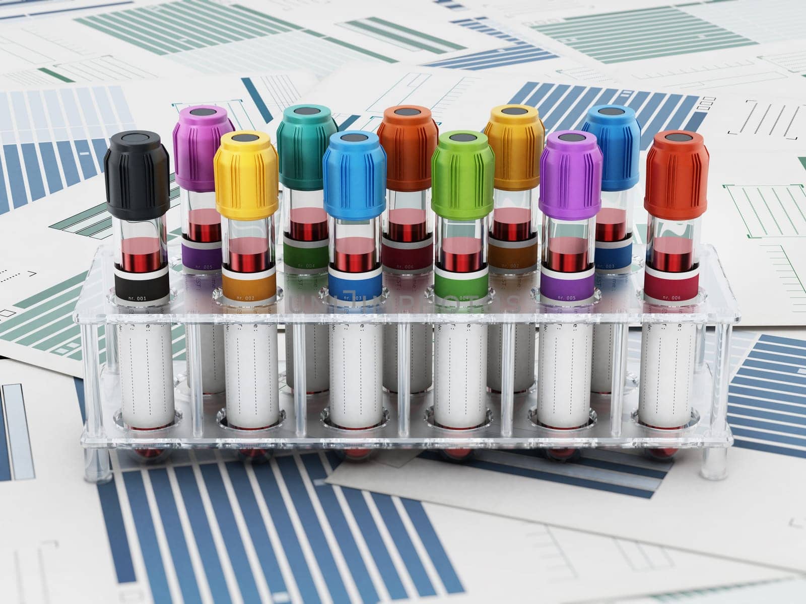 Blood vials with vibrant colored lids standing on medical forms. 3D illustration.