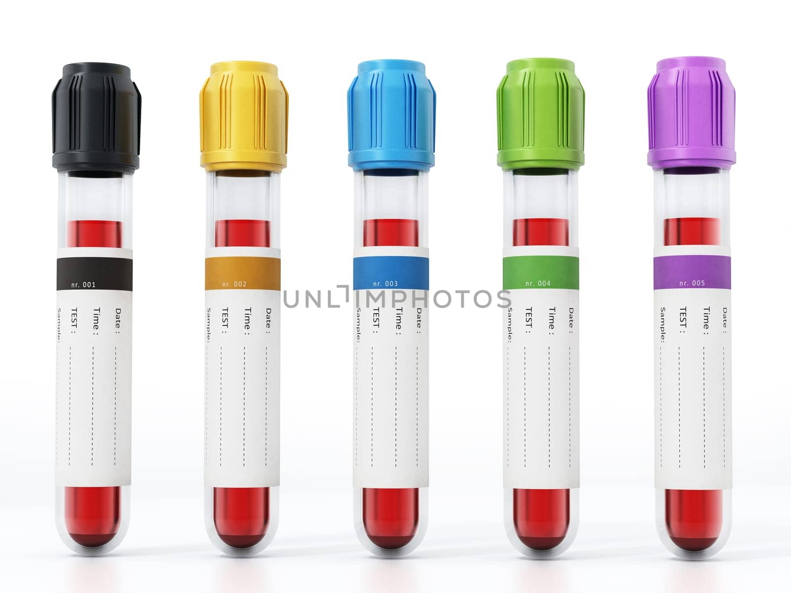 Blood vials with vibrant colored lids. 3D illustration.