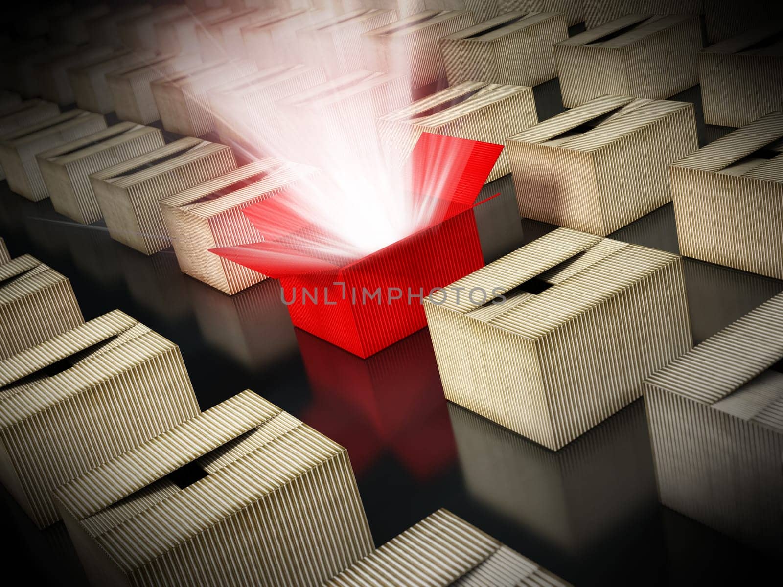 Red cardboard box with glowing light ray standing out. 3D illustration.