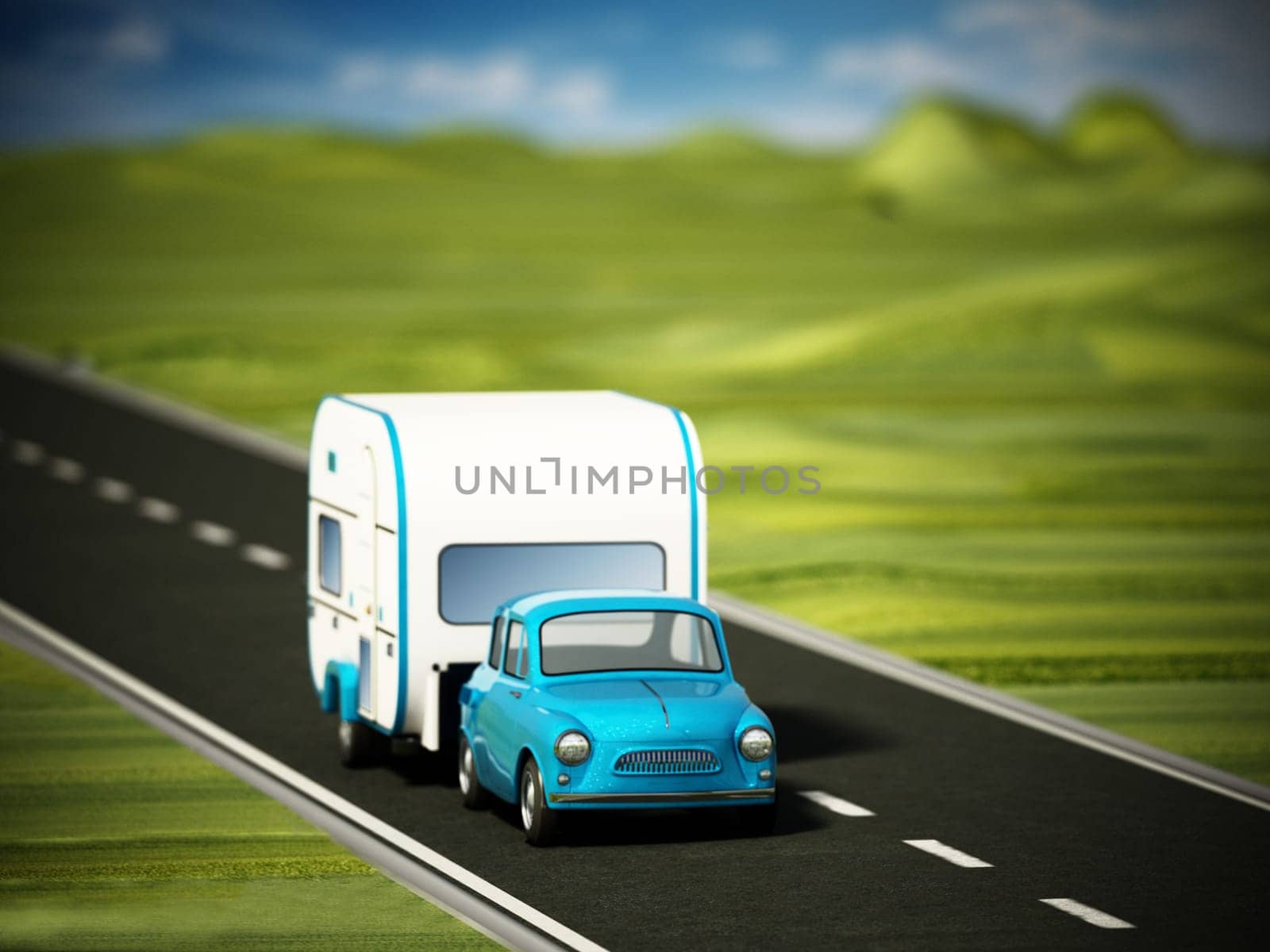Blue vintage car on the road with caravan. 3D illustration.