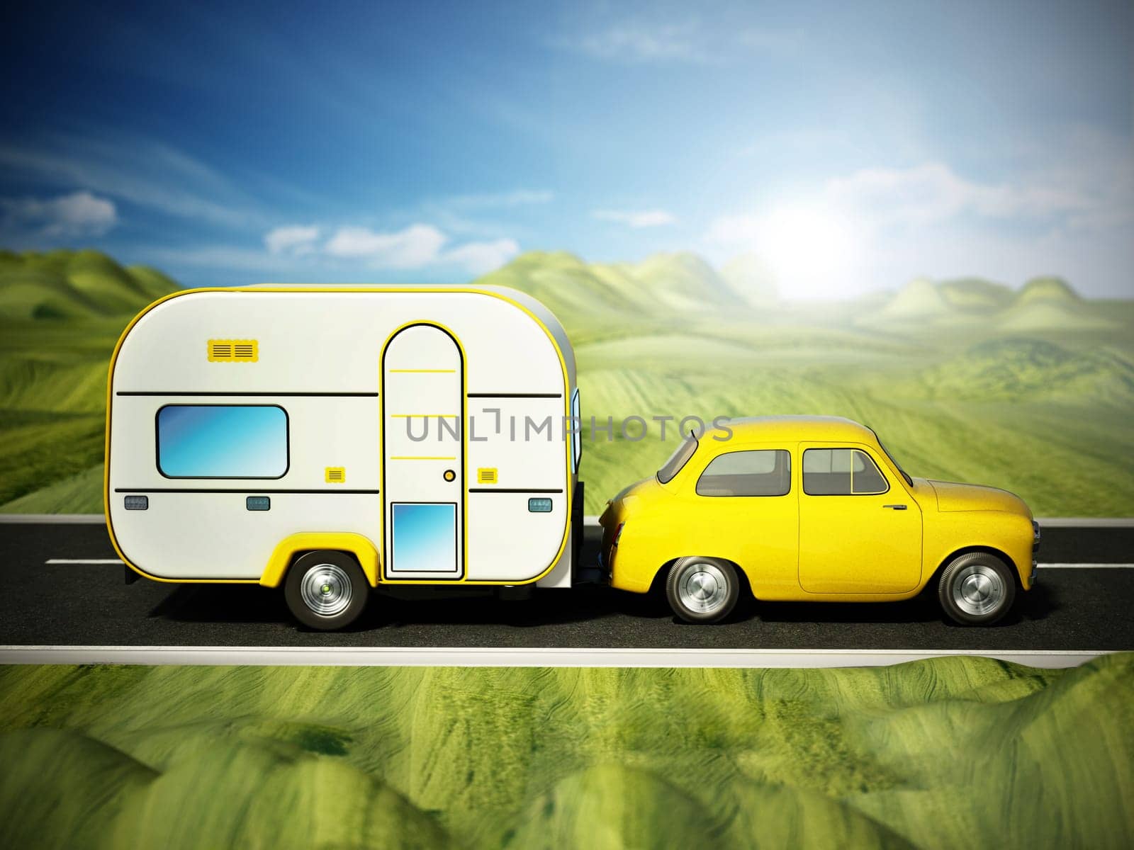 Yellow vintage car on the road with caravan. 3D illustration.