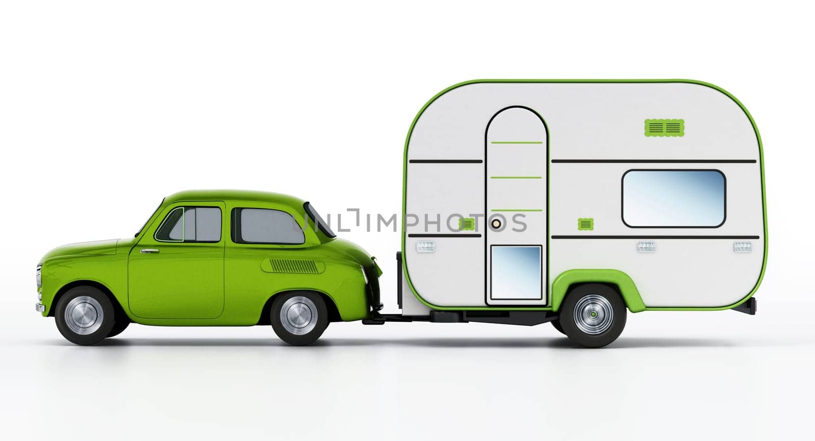 Green vintage car with caravan. Isolated on white background. 3D illustration.