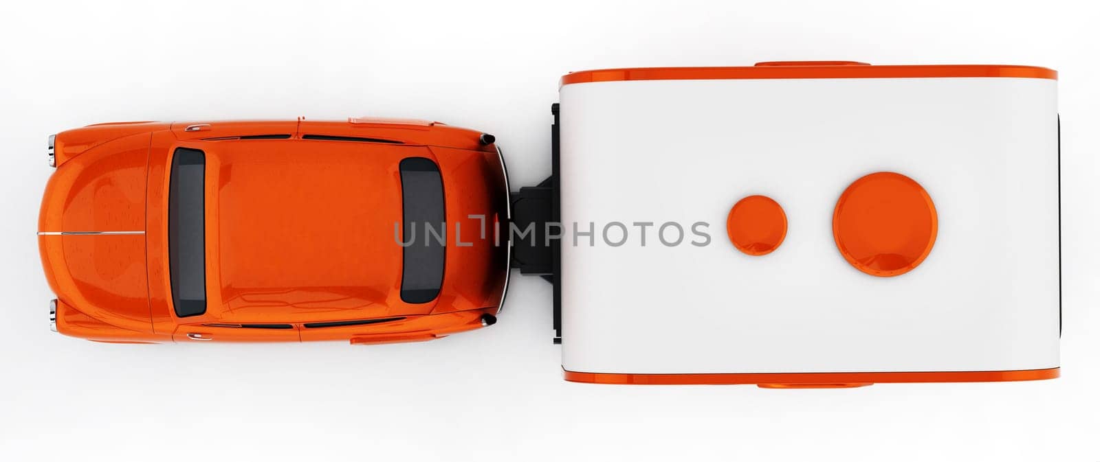 Orange vintage car with caravan. Isolated on white background. 3D illustration.