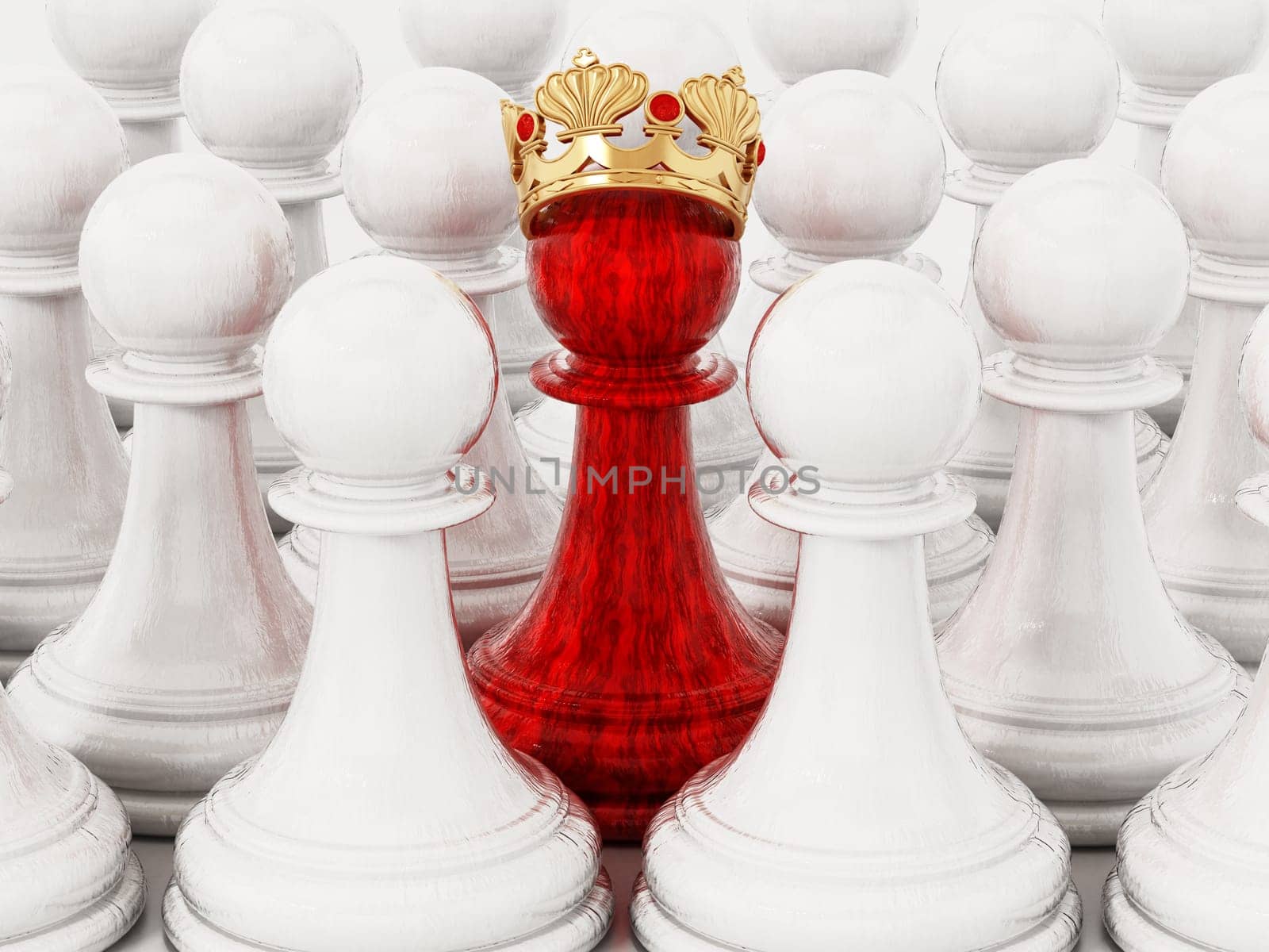 Red chess pawn with golden crown standing out among white pawns. 3D illustration.