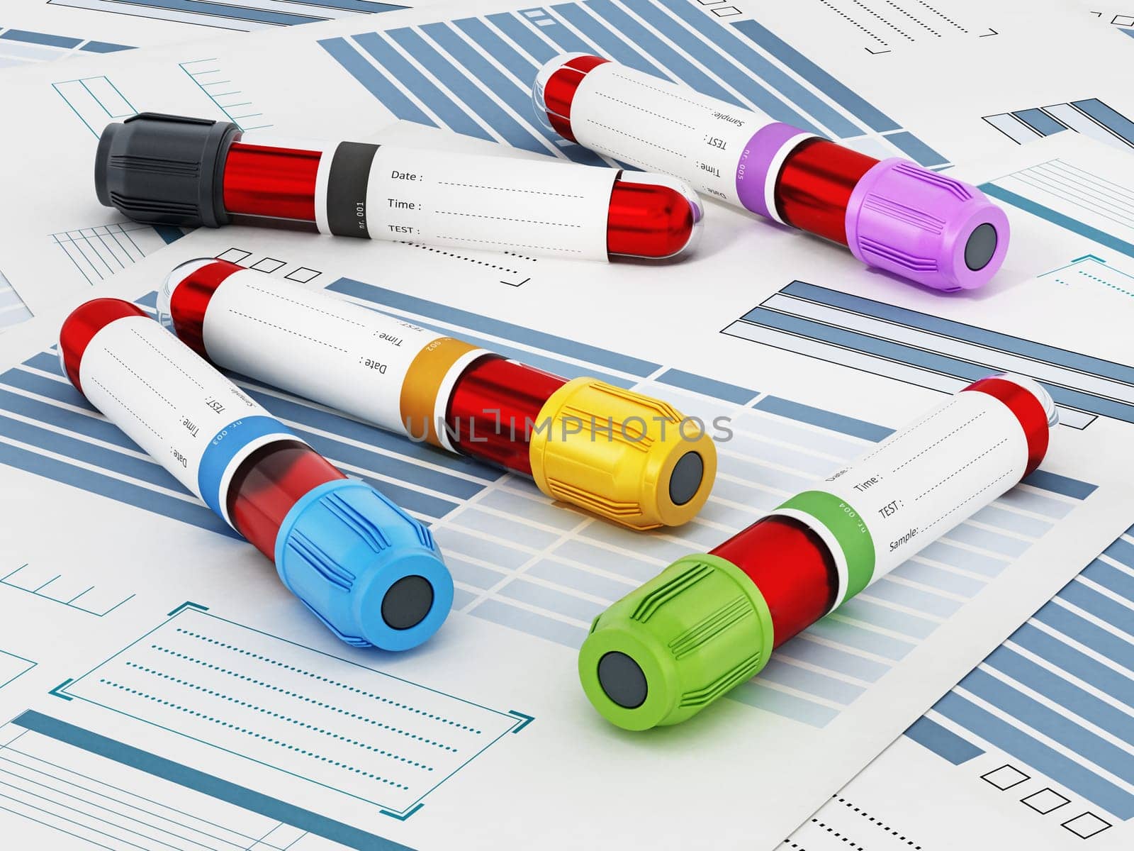 Blood vials with vibrant colored lids standing on medical forms. 3D illustration.