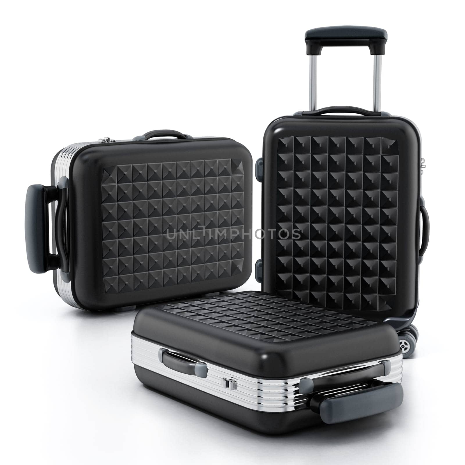 Black hardcase suitcases isolated on white background. 3D illustration.