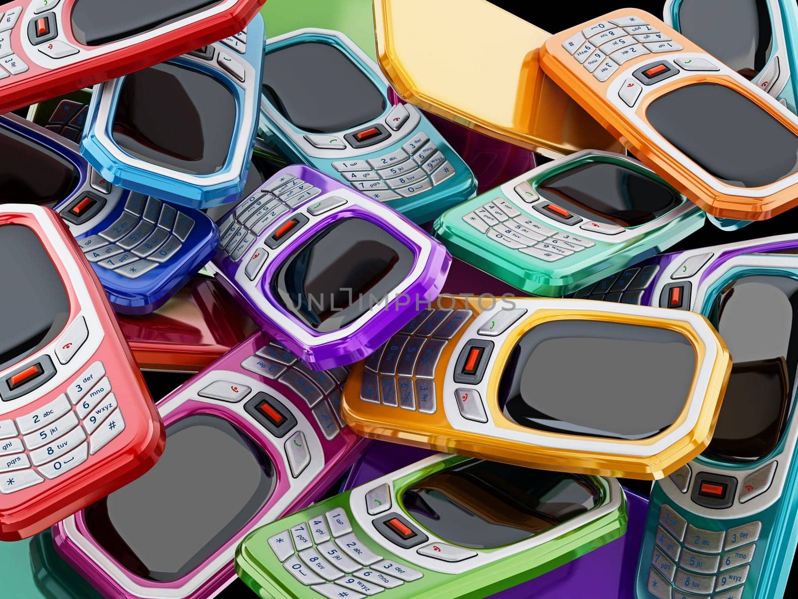 Old style multi colored mobile phones with keypad. 3D illustration.