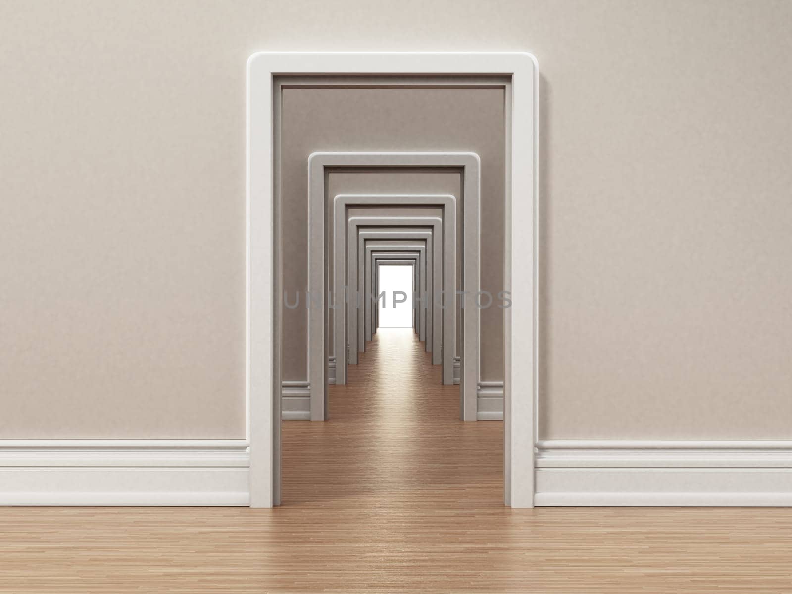 Hallway with many doors opening to each other. 3D illustration.