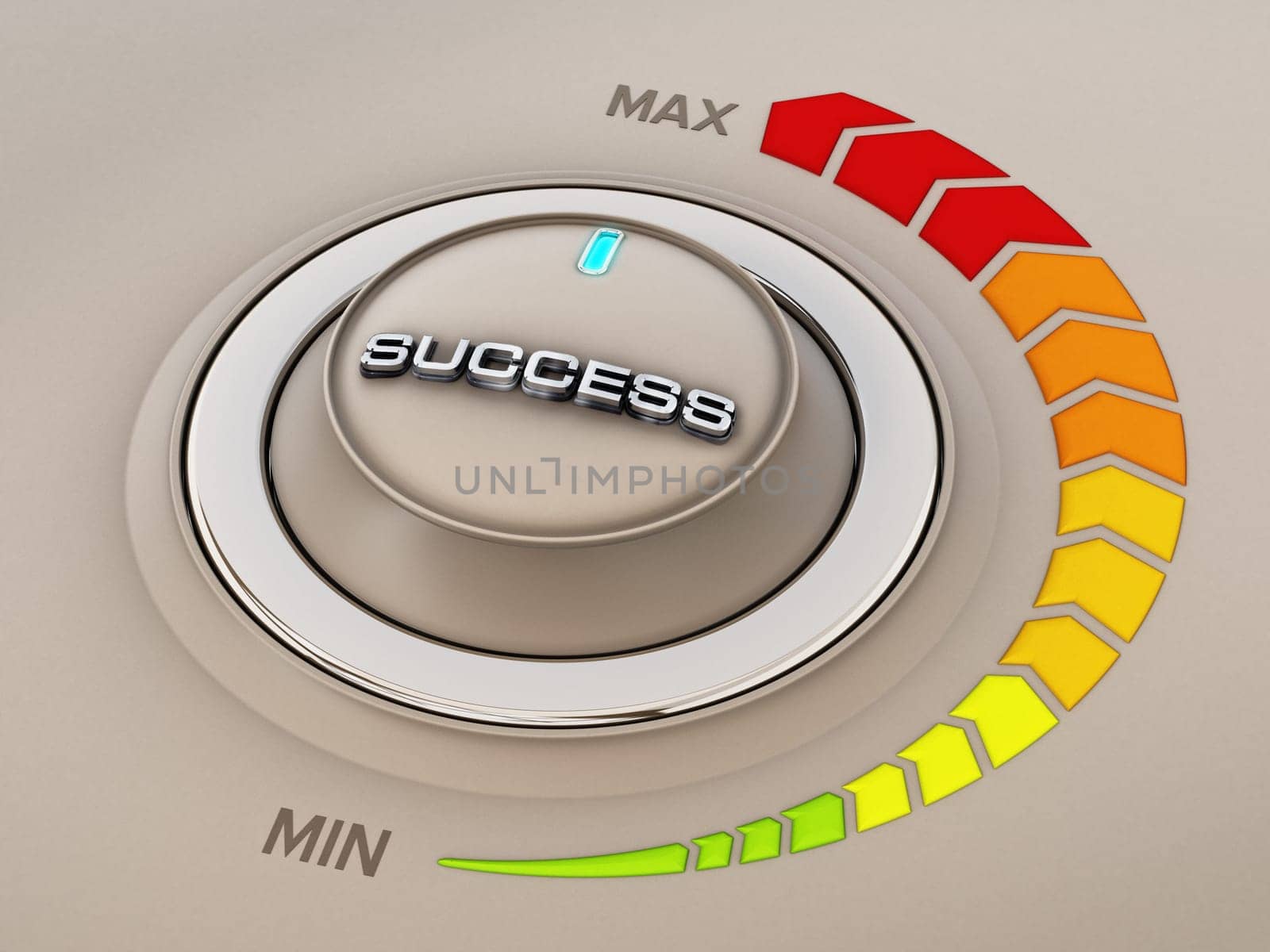 Vintage style control knob dial with success word. 3D illustration.