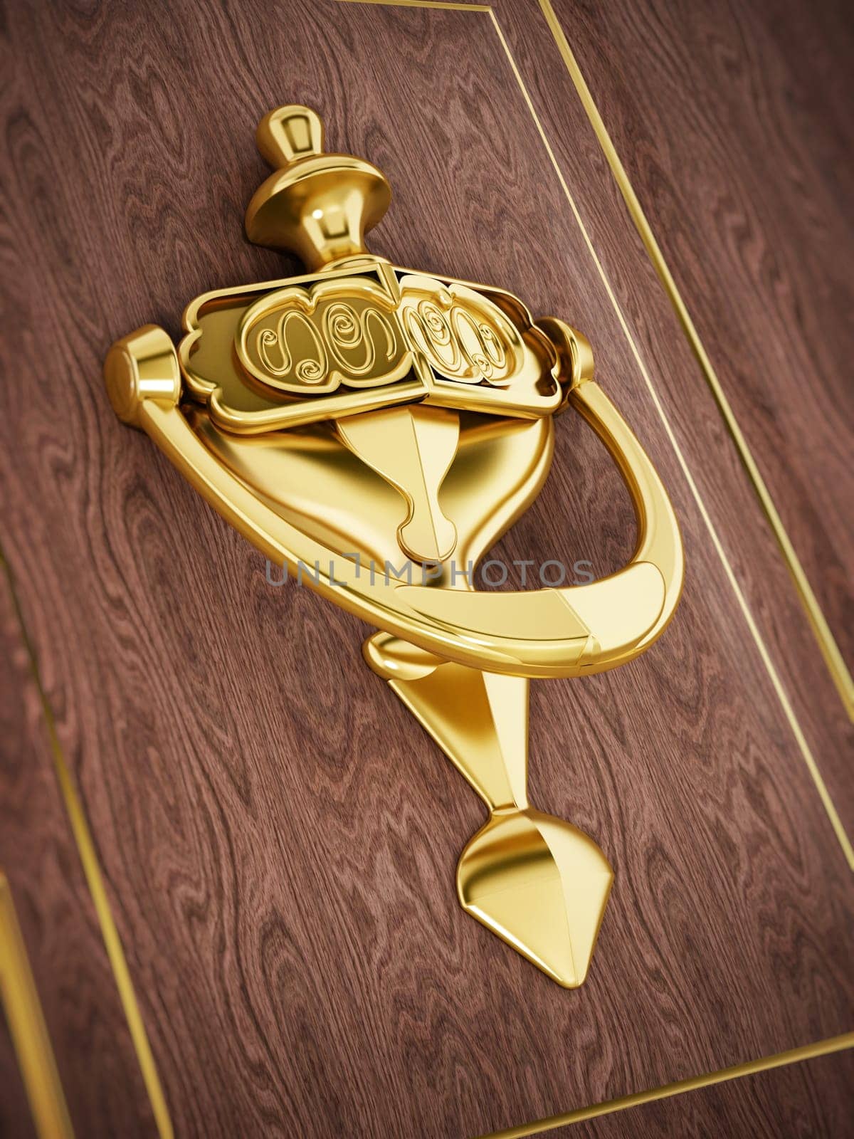 Golden door knocker on wooden door. 3D illustration.