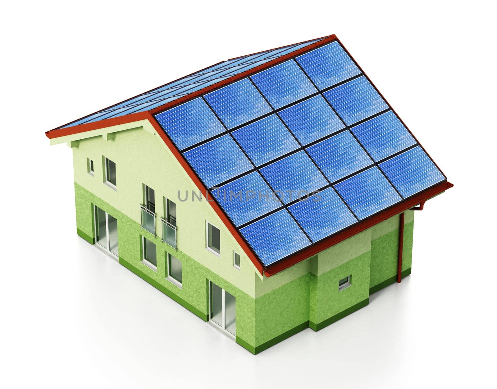 Solar panels installed on house roof. 3D illustration.