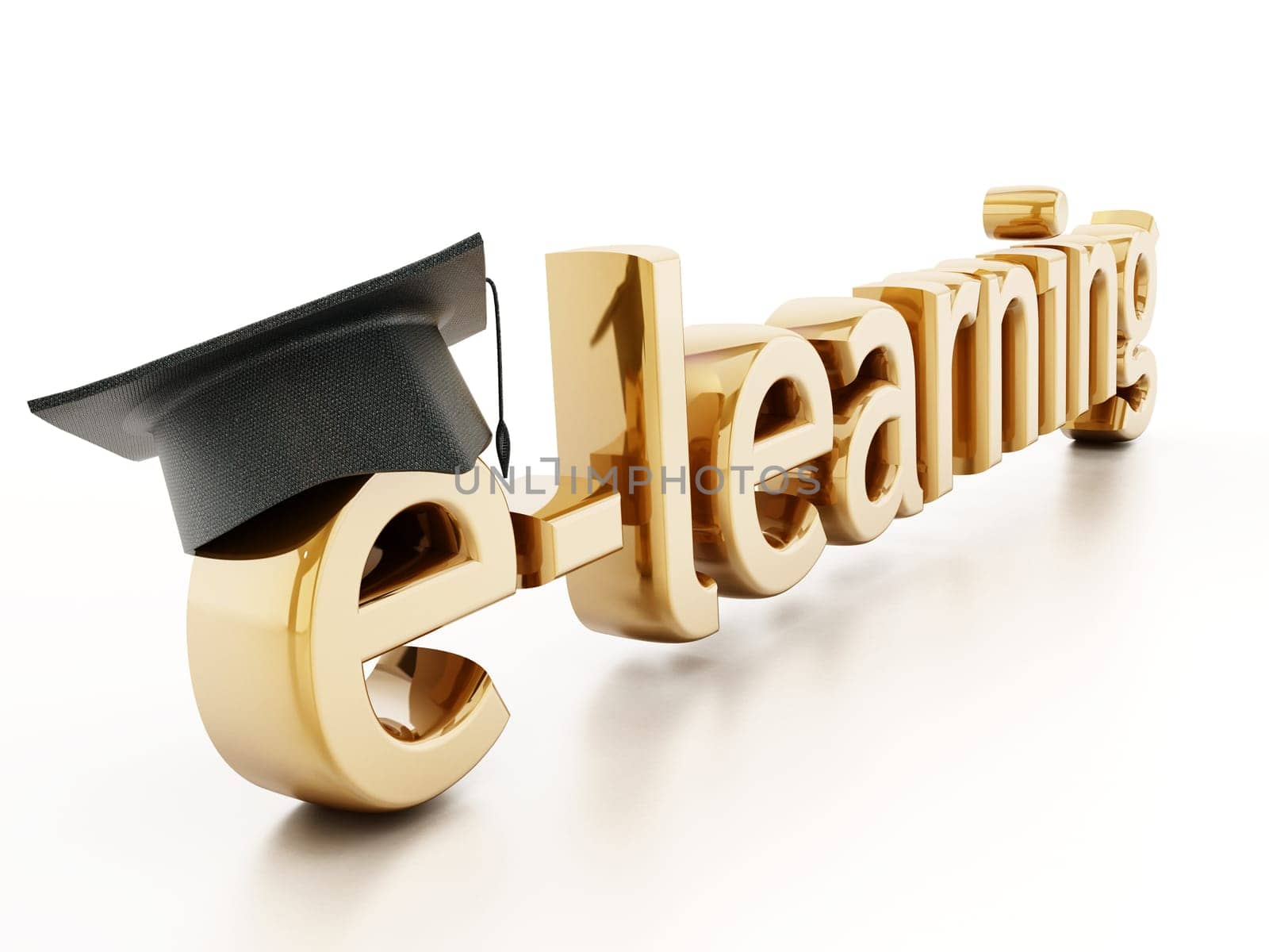 Graduation cap on letter e of e-learning word. 3D illustration.