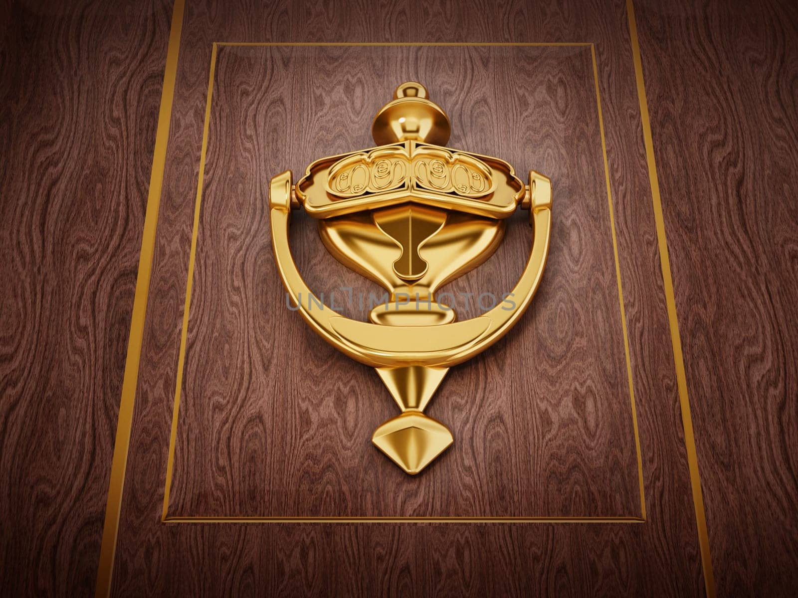 Golden door knocker on wooden door. 3D illustration.