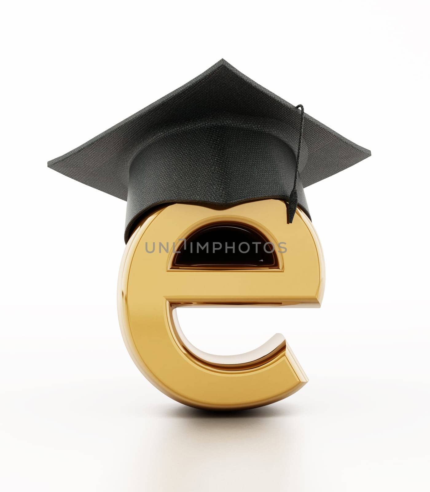 Graduation cap on letter e of e-learning concept. 3D illustration.