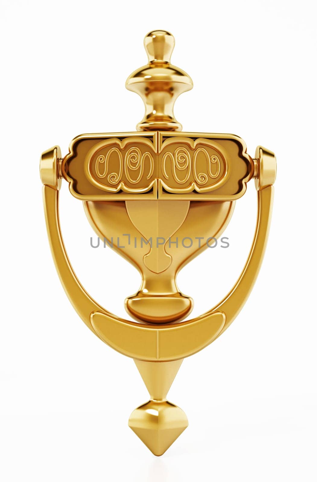 Golden door knocker isolated on white background. 3D illustration.