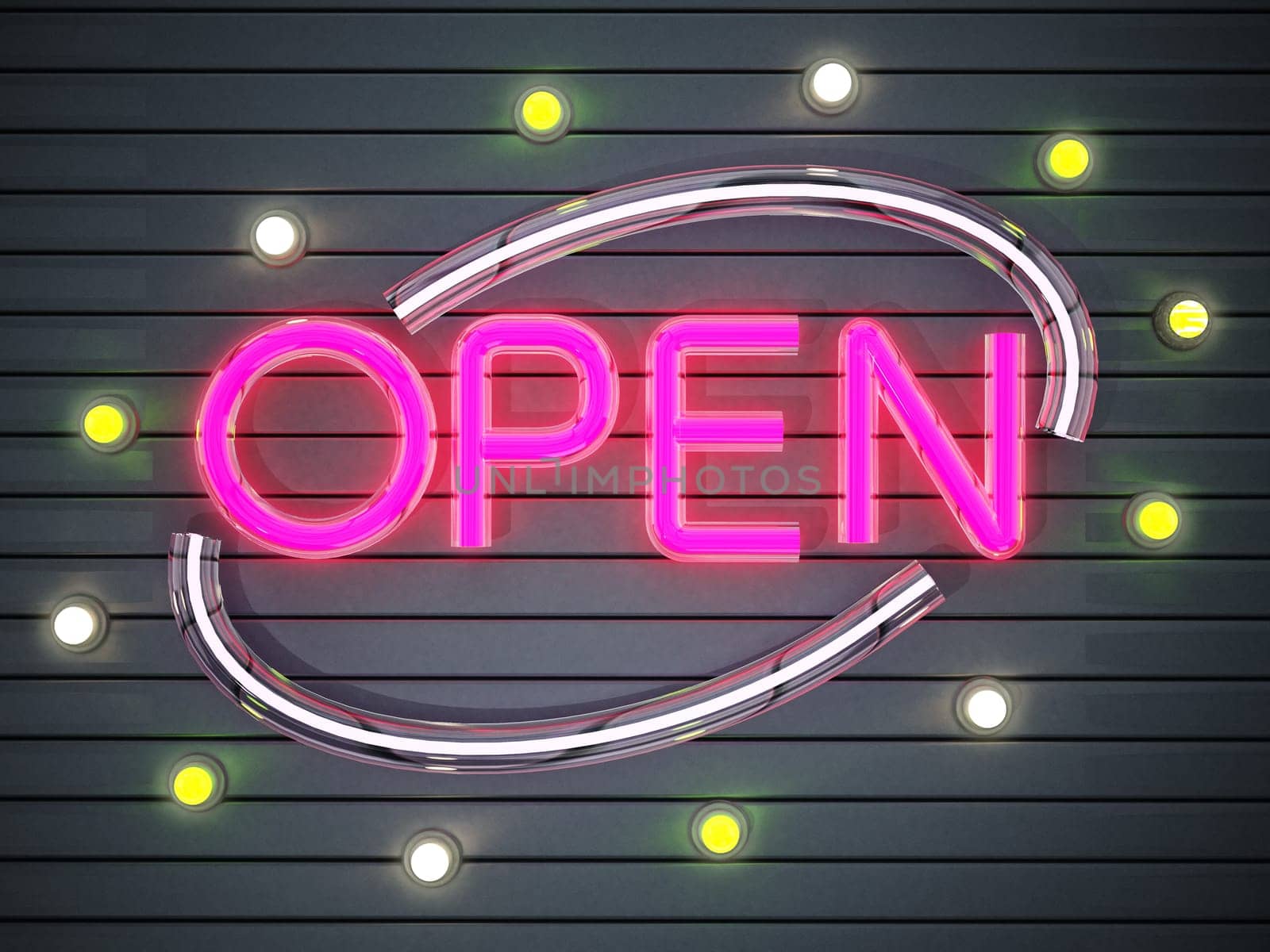 Purple neon illuminated Open signboard. 3D illustration.