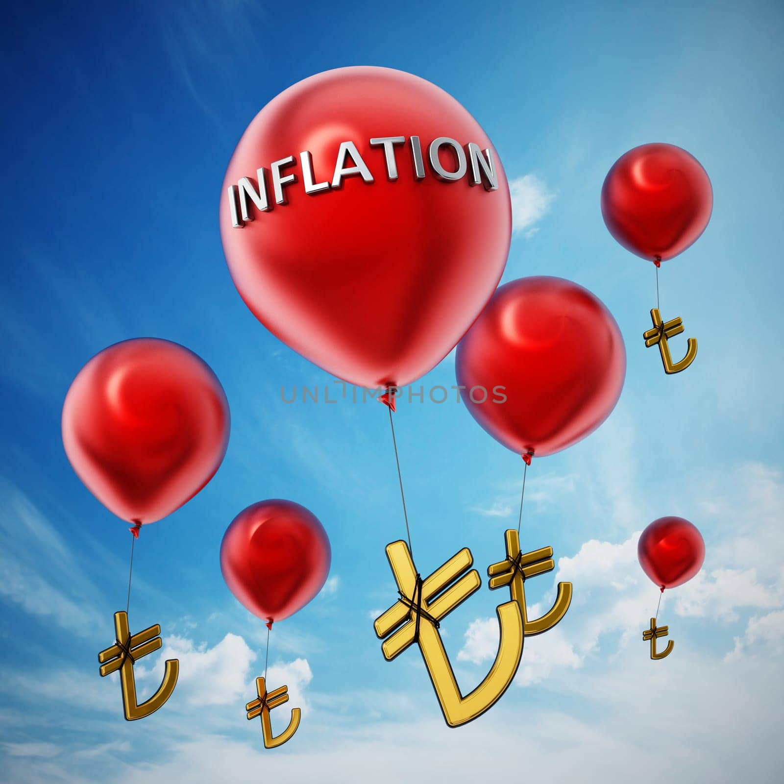 Red flying balloons with tied Turkish lira symbol. 3D illustration.