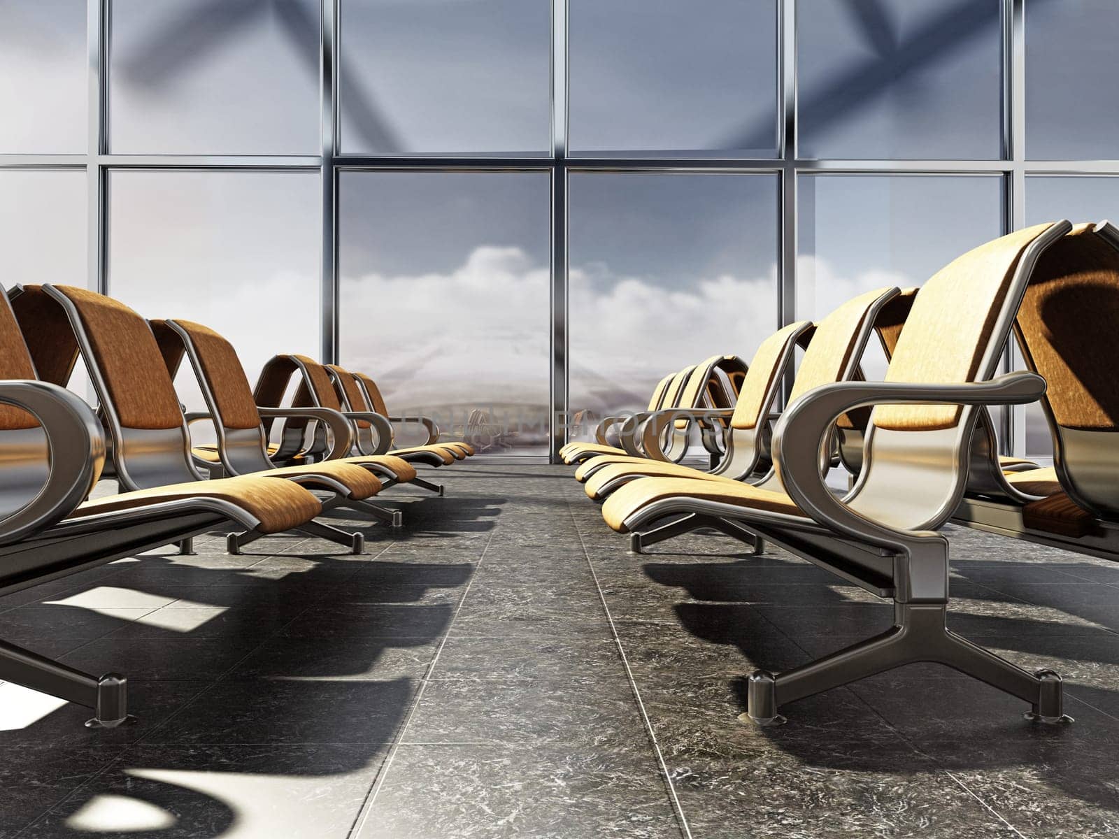 Airport seats in the waiting lounge of an airport. 3D illustration.