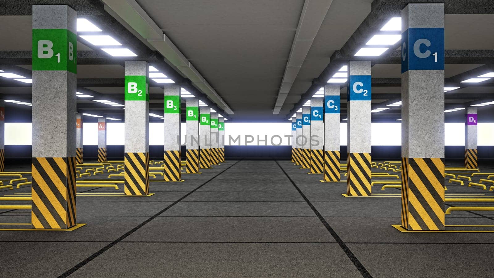 Empty parking lot with signs and guidelines. 3D illustration.
