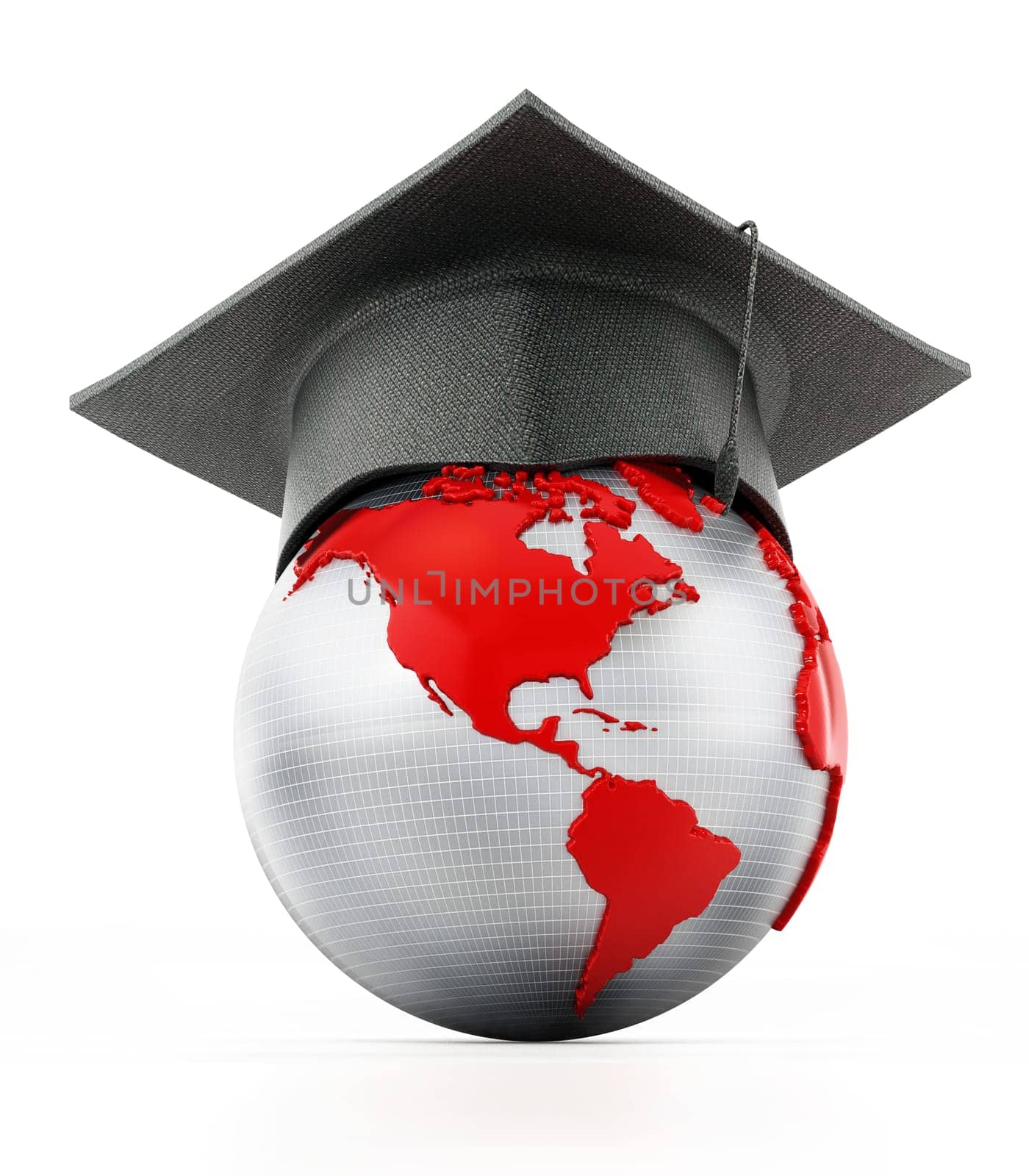 Graduation cap on red and gray colored globe. 3D illustration.