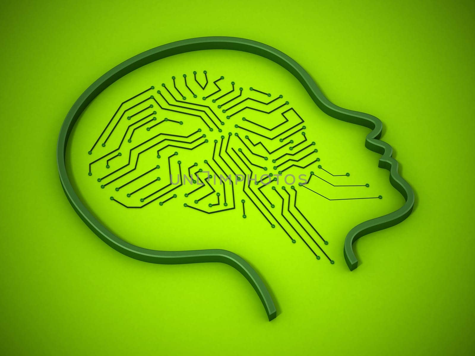 PCB brain inside female head icon. 3D illustration.