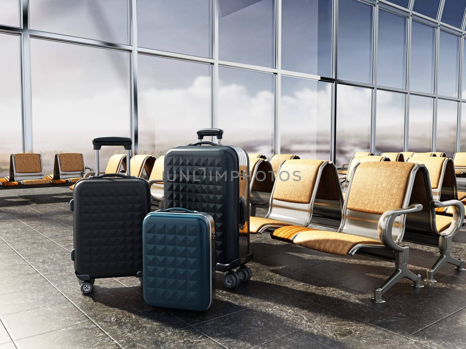 Airport seats in the waiting lounge of an airport. 3D illustration.