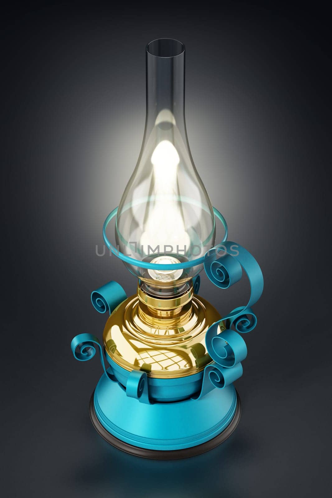 Vintage oil lamp glowing at the dark. 3D illustration.