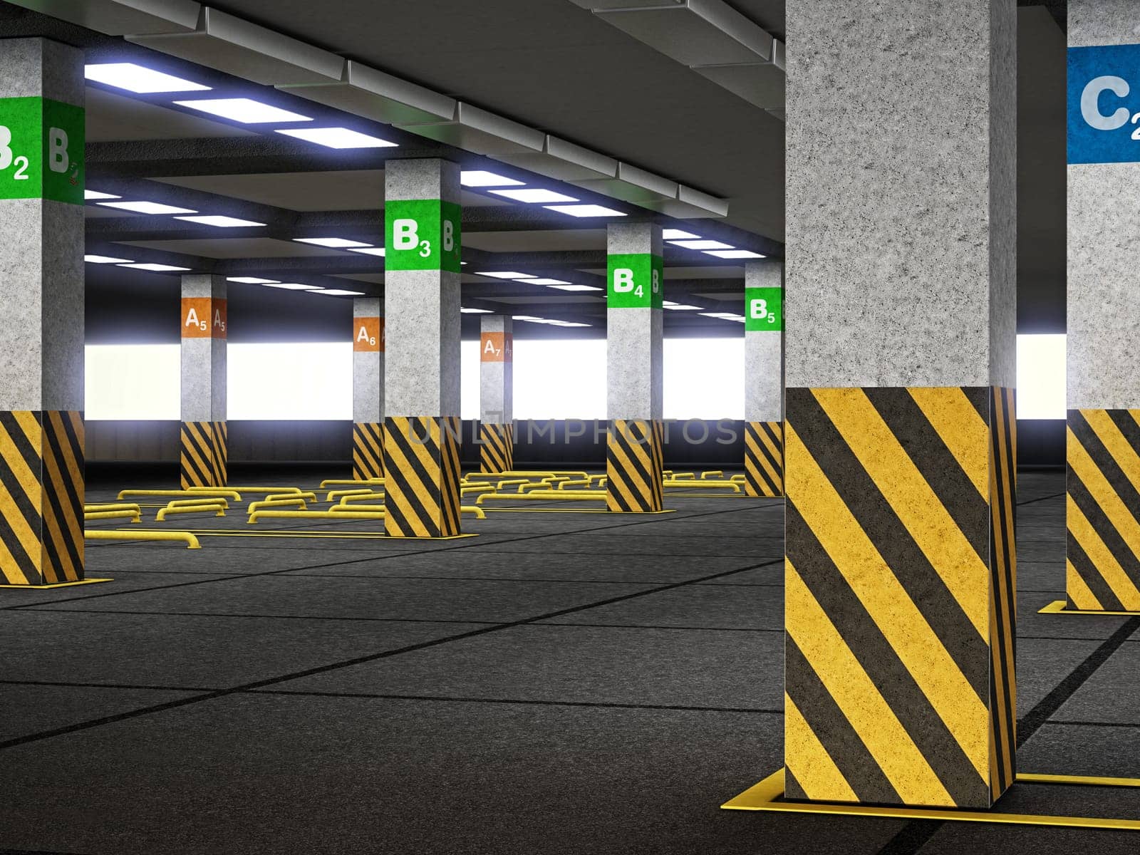 Empty parking lot with signs and guidelines. 3D illustration.