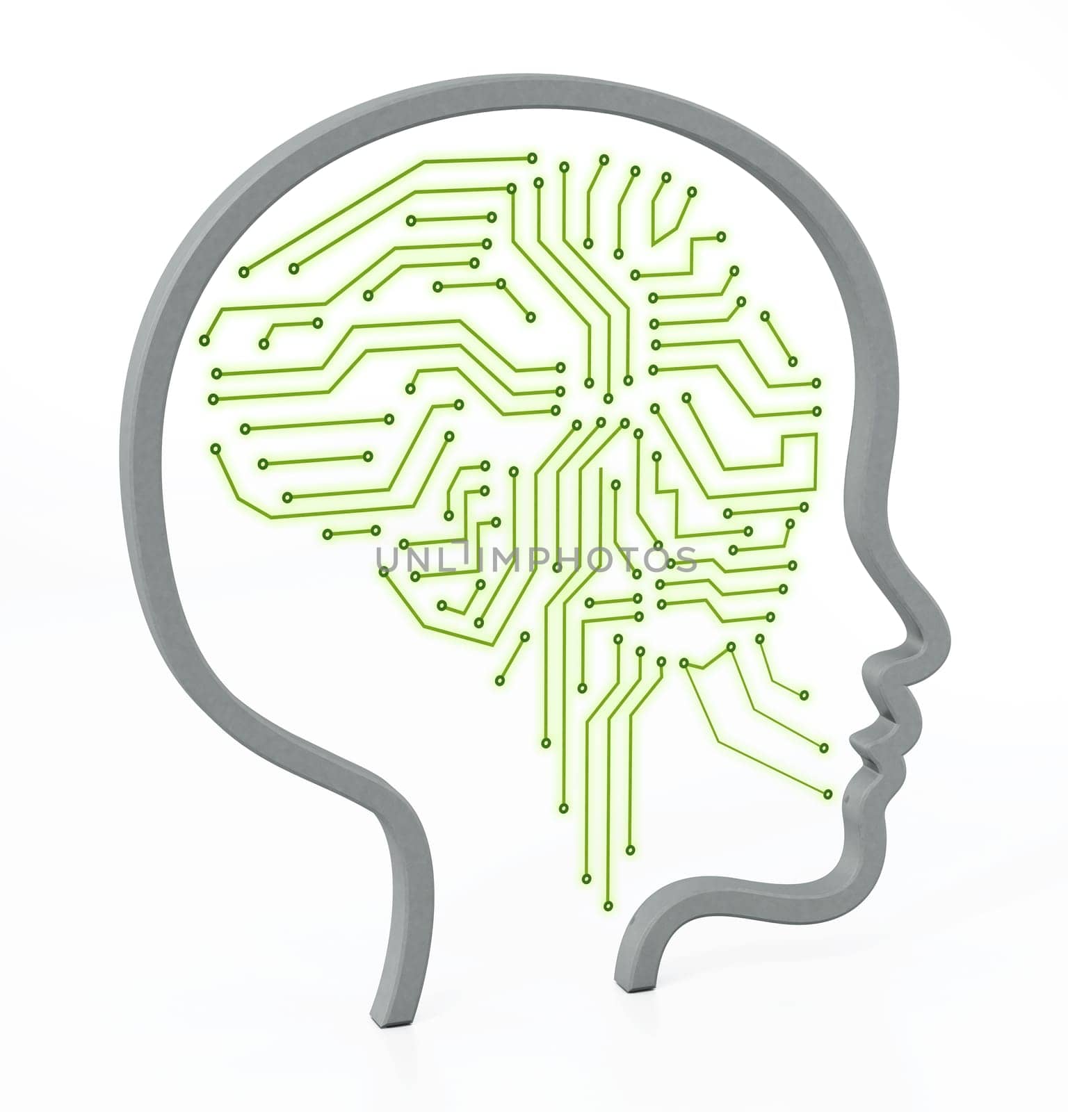 PCB brain inside female head icon. 3D illustration.