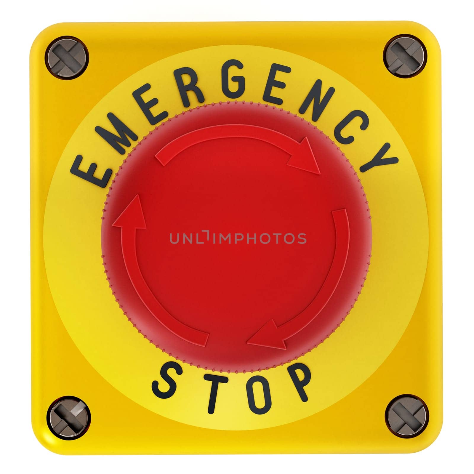 Emergency stop button isolated on white background. 3D illustration.