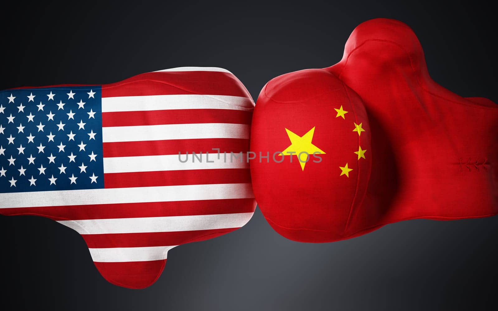 American and Chinese flag textured boxing gloves on black. 3D illustration.