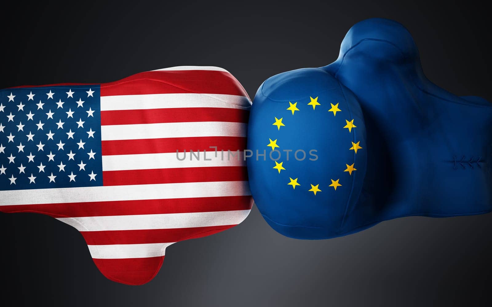 American and European flag textured boxing gloves on black. 3D illustration.