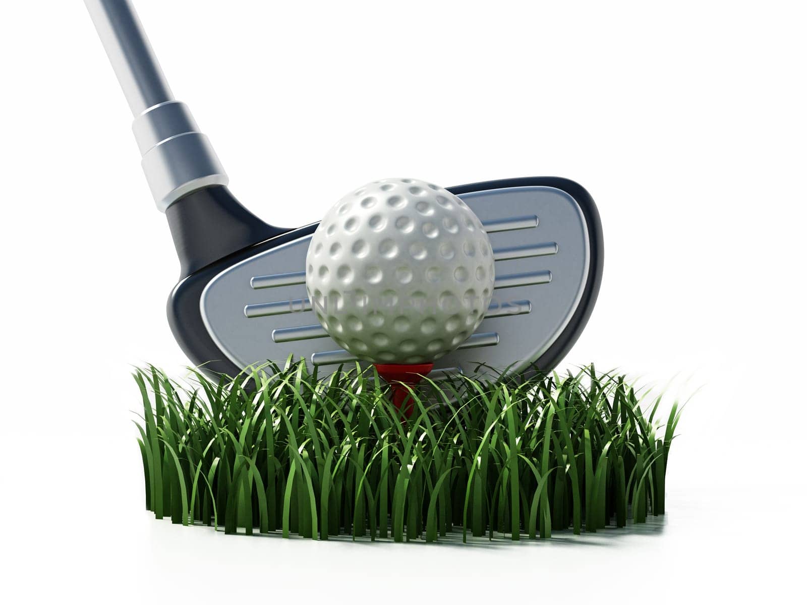 Grass, golf club and ball isolated on white background. 3D illustration.