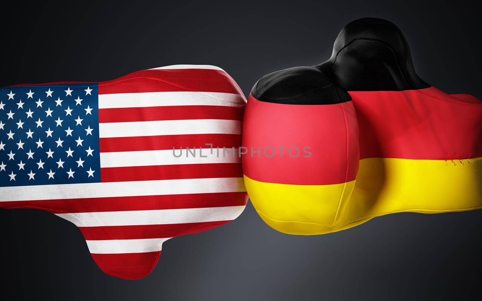 American and German flag textured boxing gloves on black. 3D illustration.