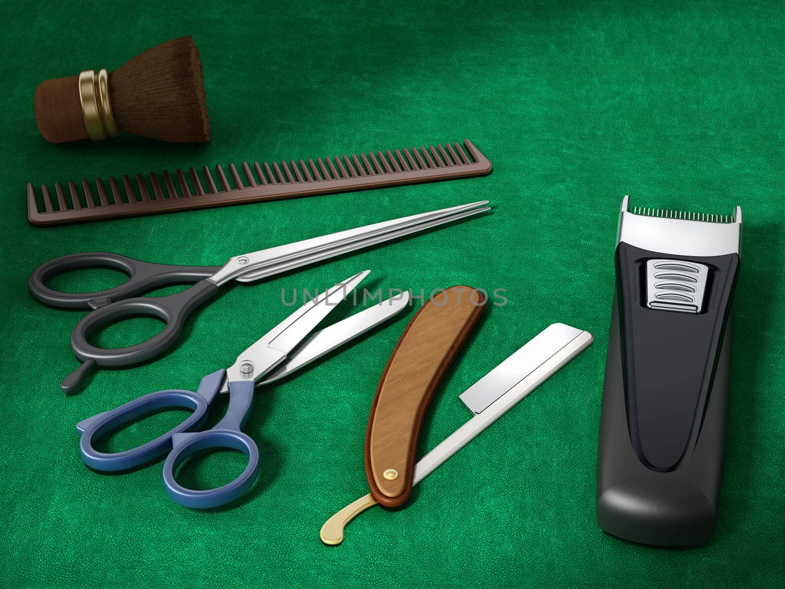 Barber tools standing on green background. 3D illustration.