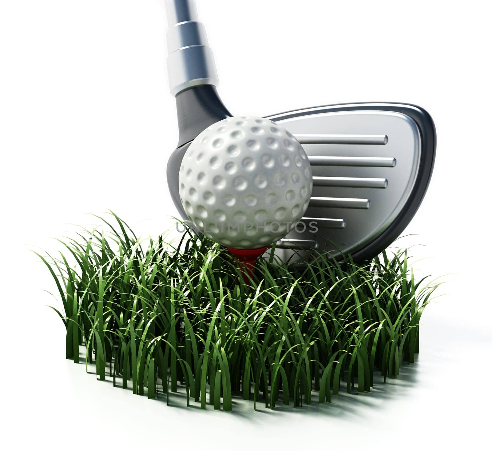 Grass, golf club and ball isolated on white background. 3D illustration.