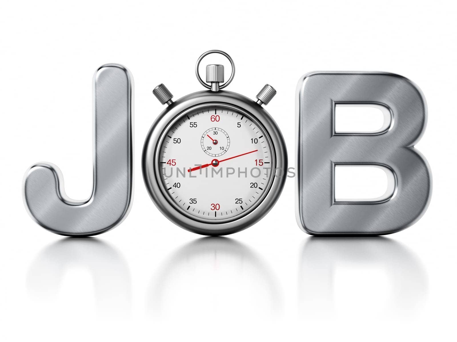 Analogue chronometer replacing the letter o in the word job. 3D illustration.