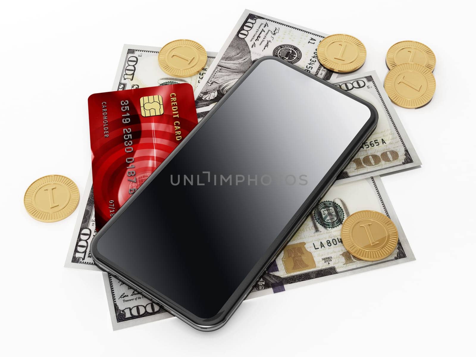 Smartphone, credit card and dollar bills isolated on white background. 3D illustration.