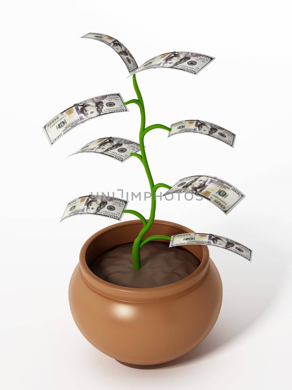 Money plant with 100 dollar bills replacing leaves. 3D illustration.