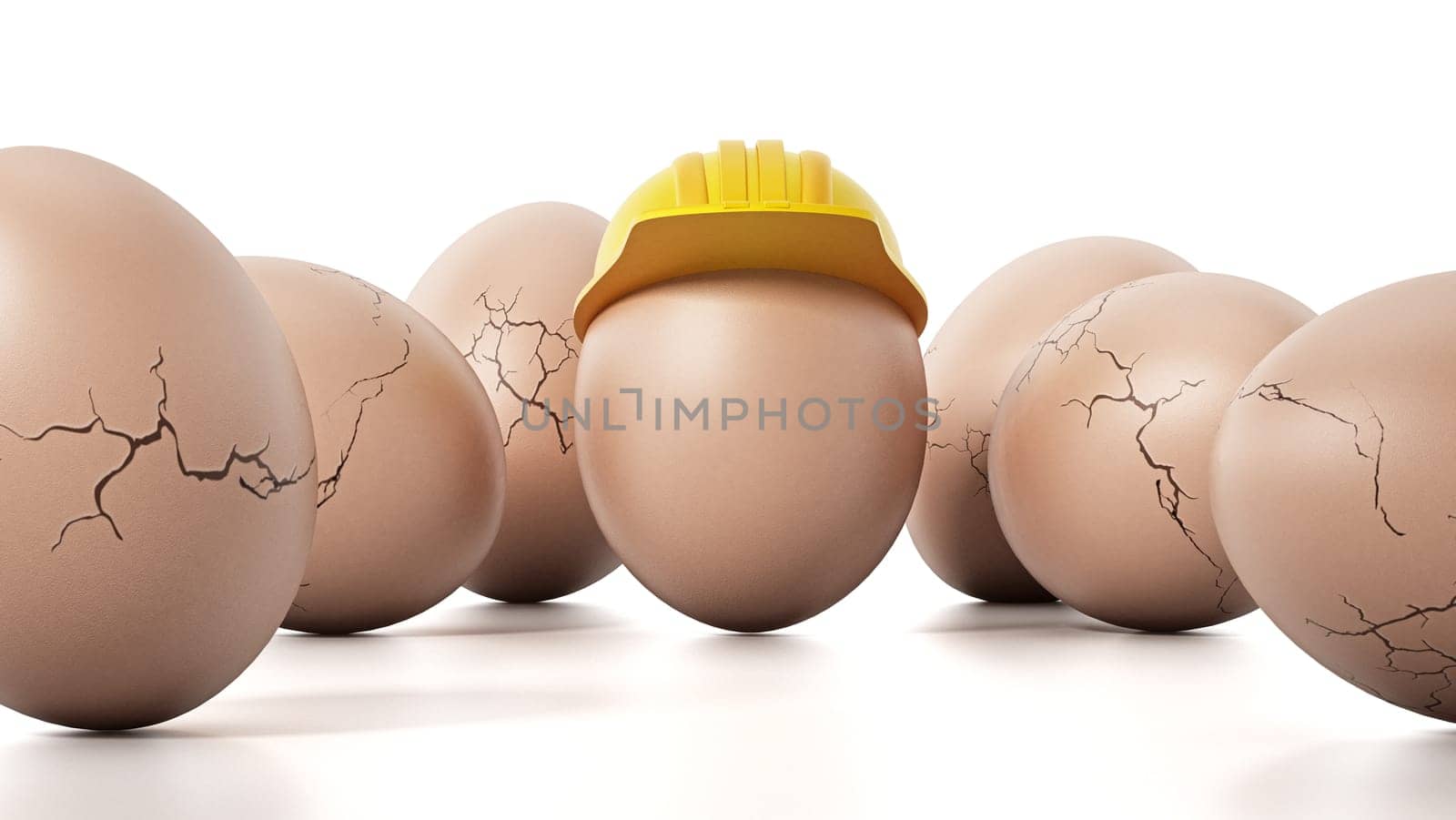 Brown egg with yellow hardhat standing out among cracked eggs. 3D illustration.