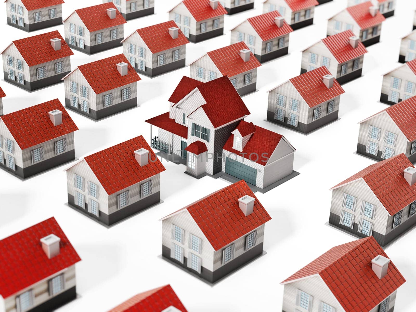 Luxury estate standing out against many regular houses. 3D illustration.