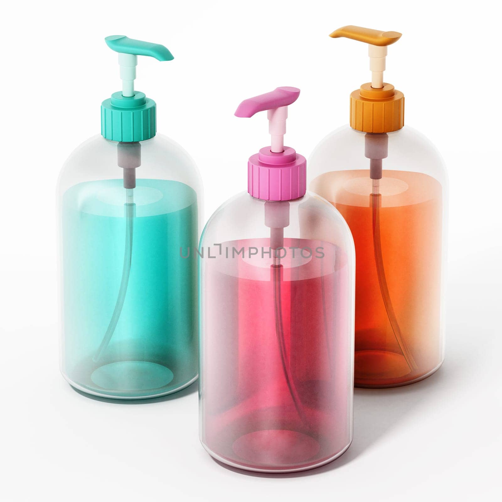 Colored soap bottles isolated on white background. 3D illustration.