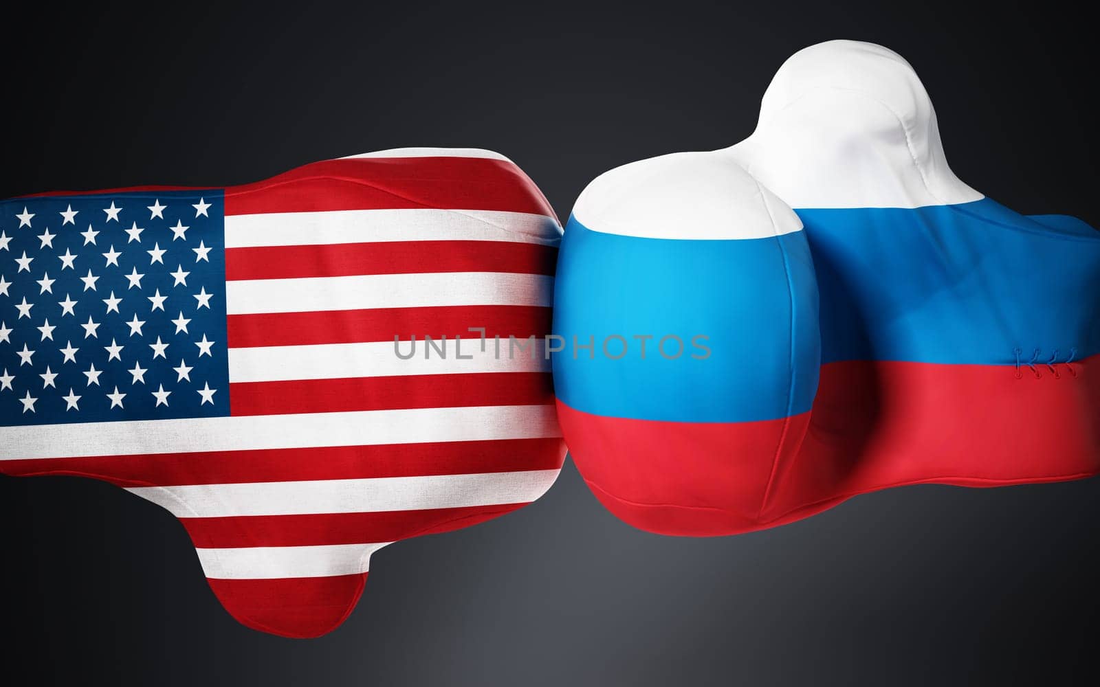 American and Russian flag textured boxing gloves on black. 3D illustration.