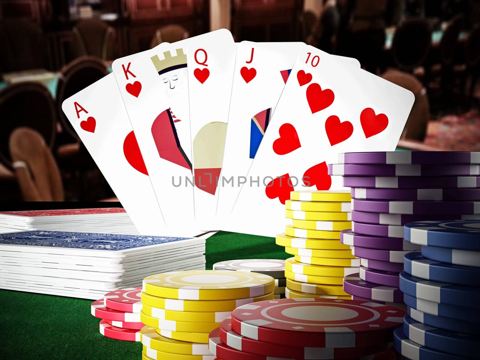 Poker royal flush hand and casino hands standing on poker table. 3D illustration.