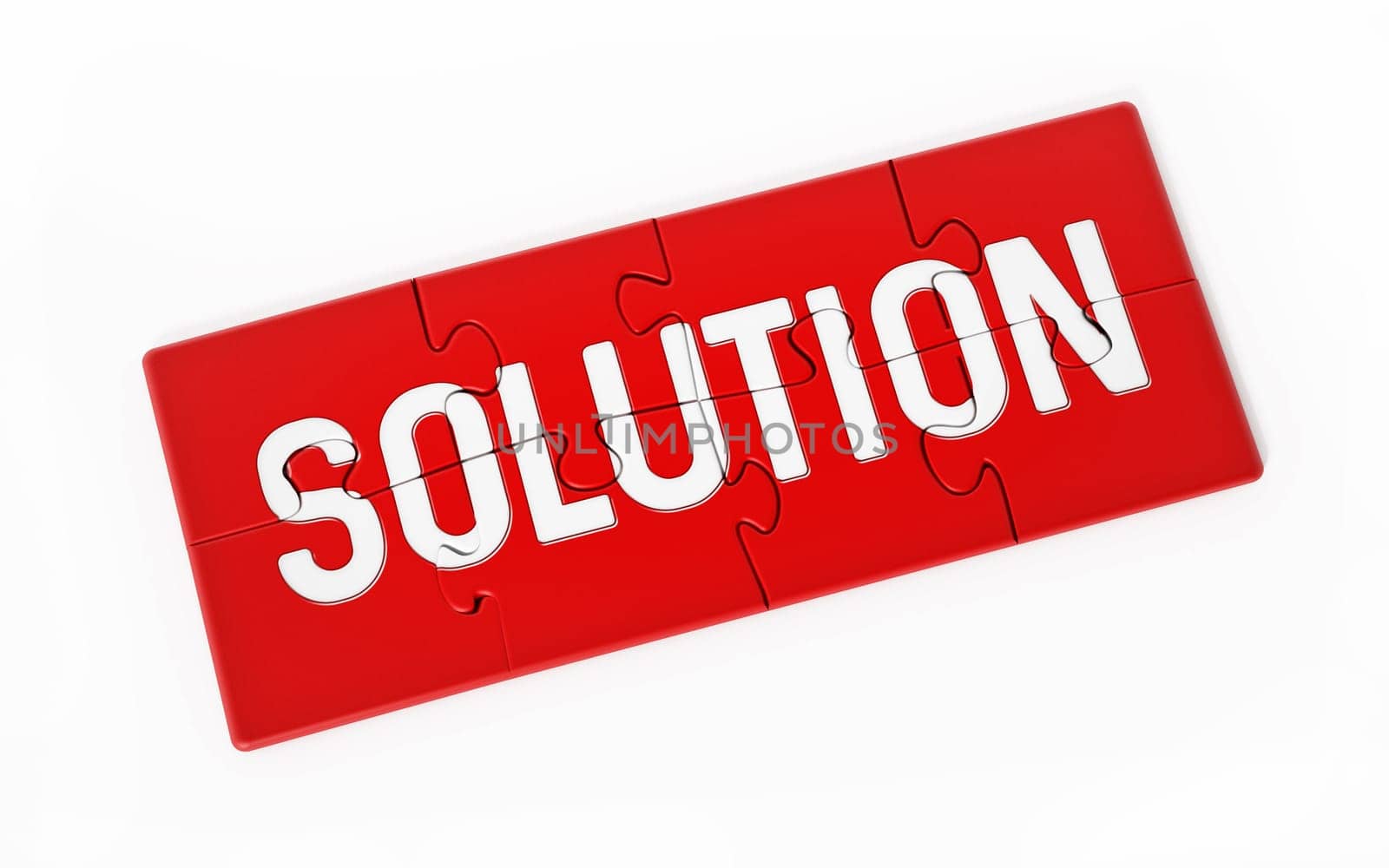 Jigsaw puzzle pieces forming solution text. 3D illustration.