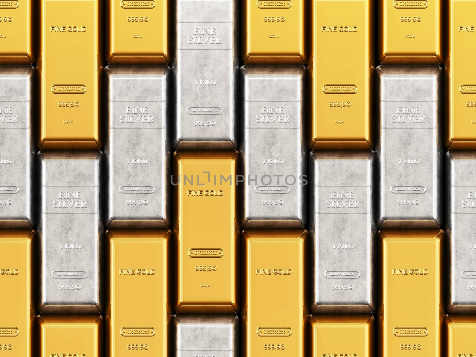 Gold and silver ingots isolated on white background. 3D illustration.