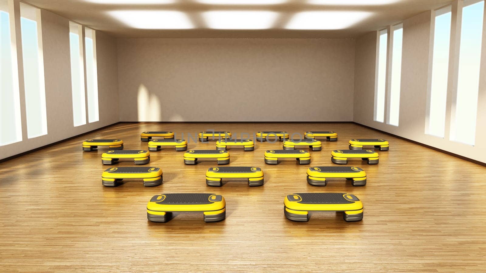 Step boards arranged inside the gym or fitness center. 3D illustration.