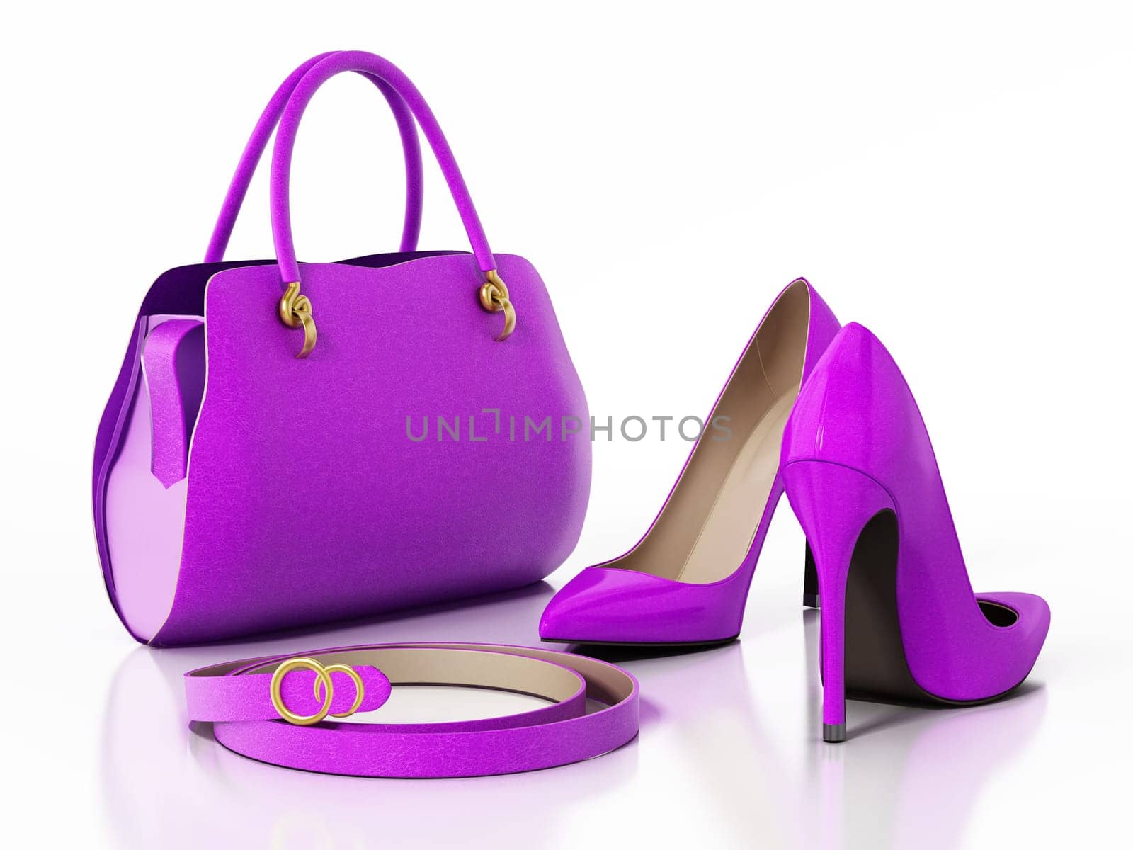Purple handbag, shoes and belt isolated on white background. 3D illustration.