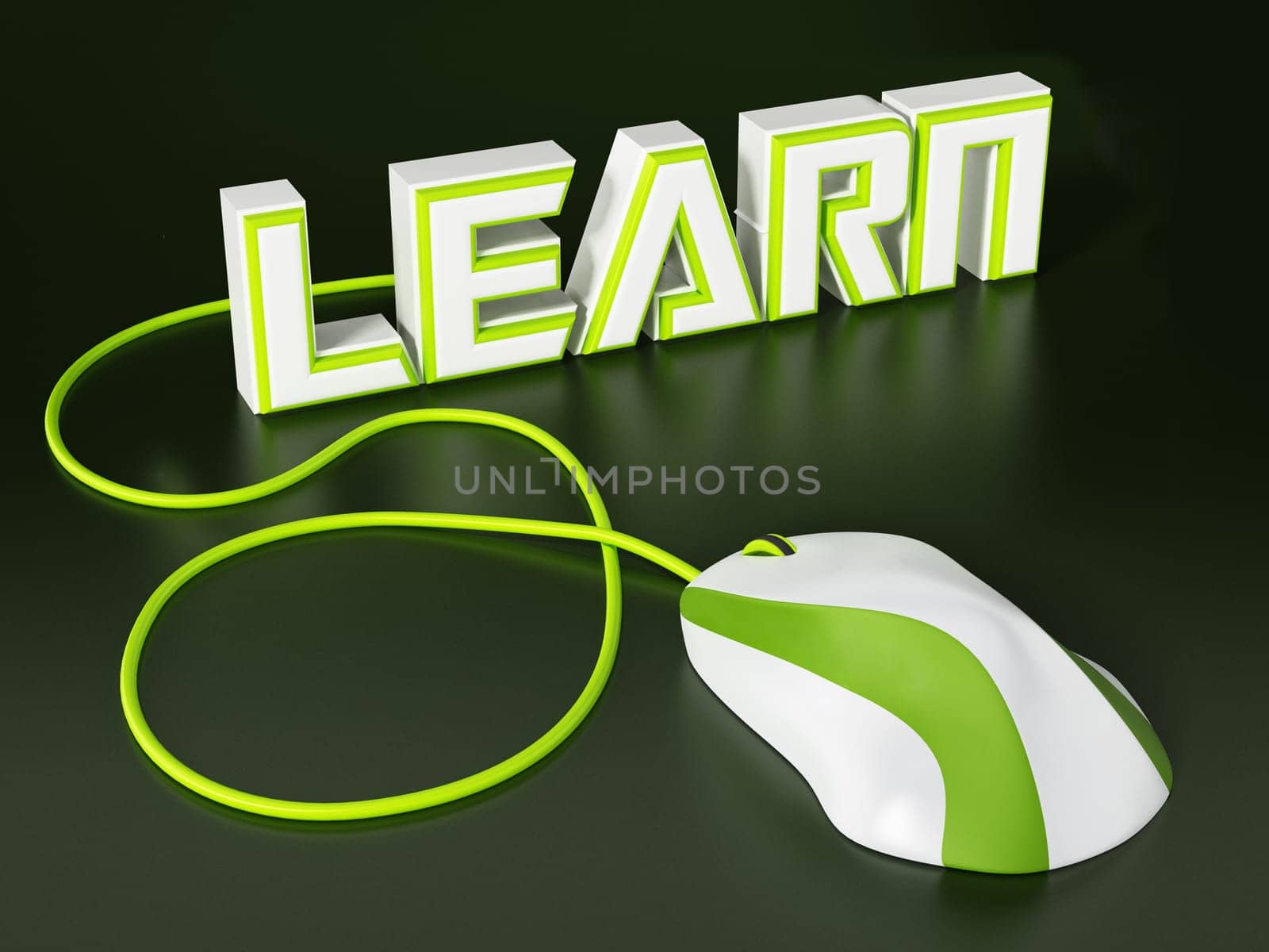 Cable mouse connected to learn text. 3D illustration.